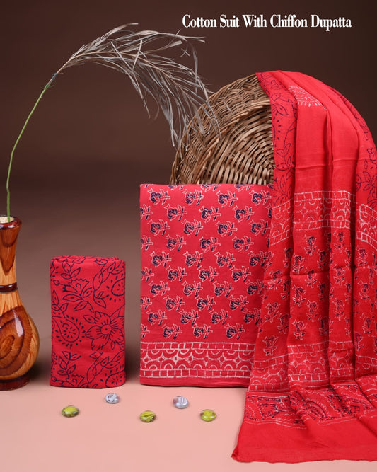 Premium  Hand Block Cotton Suit With Chiffon Dupatta Suit Sets(BFCC57)