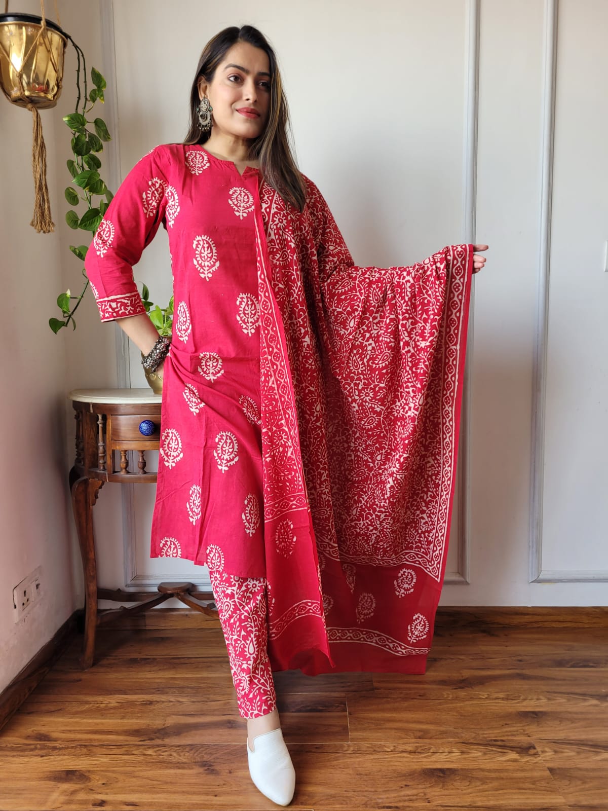 Red Block Print Cotton Suit with Cotton Dupatta