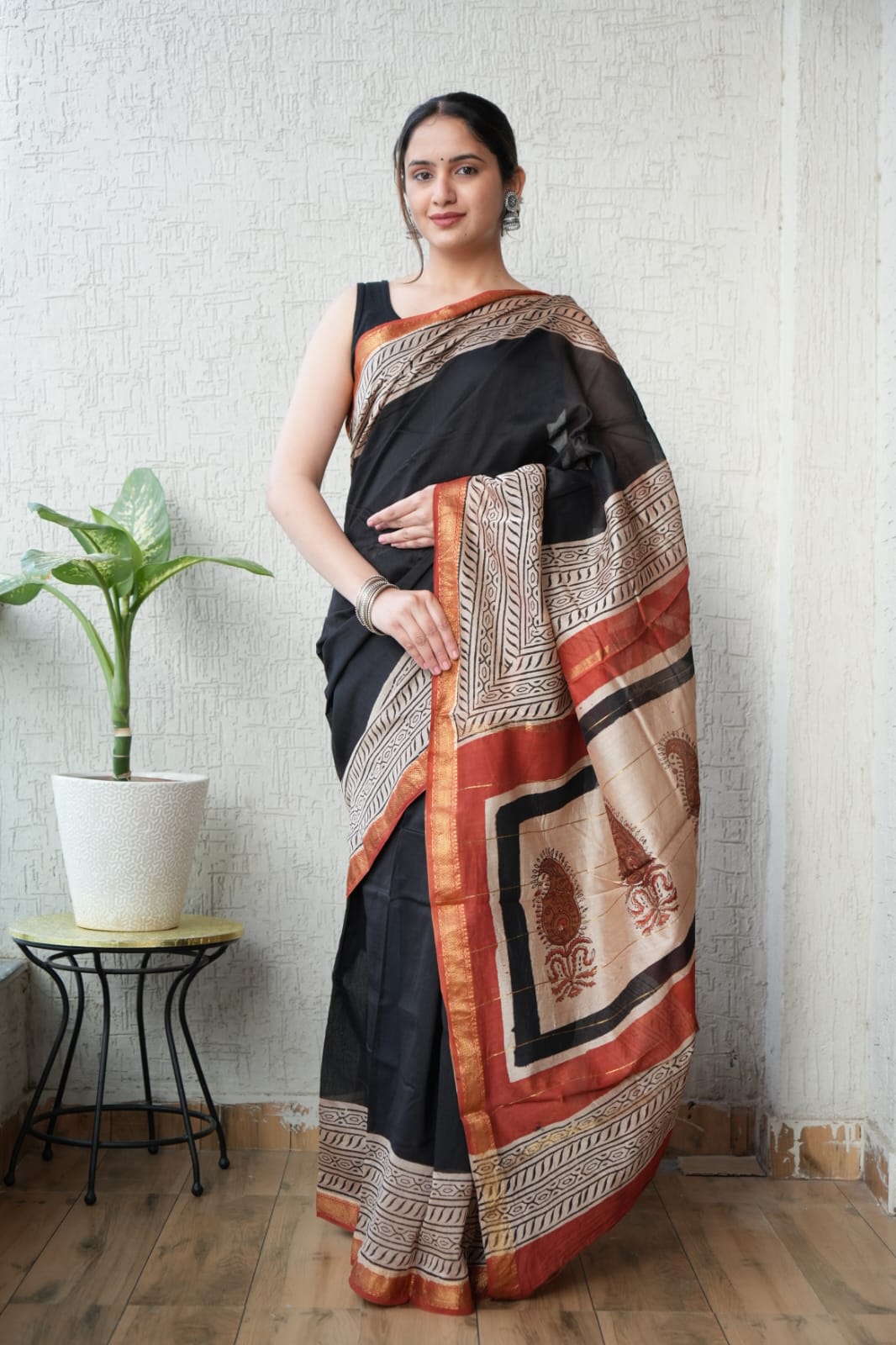 New Designer Hand Block Print Maheshwari Silk Saree (BFMSARE66)