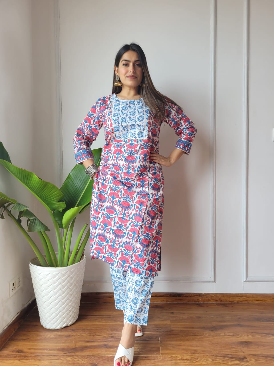 White Red Floral Cotton Kurti Pant Set for Women | Ethnic Daily Wear