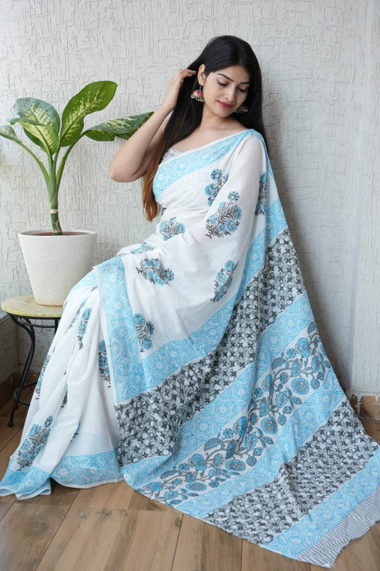 White Blue Printed Cotton Saree – Soft Cotton Saree for Women (BFCS35)