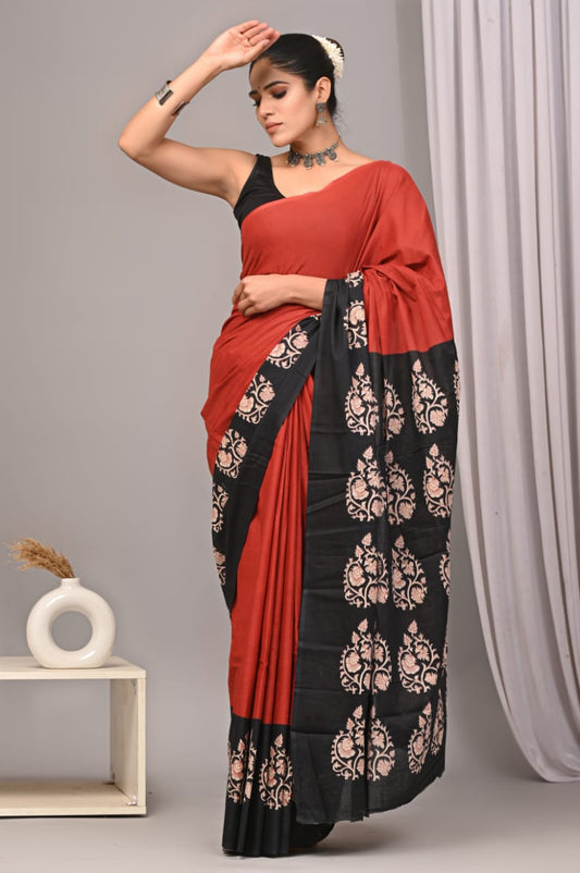 Red Black Designer Cotton Saree – Soft Cotton Saree for Women (BFCS18)