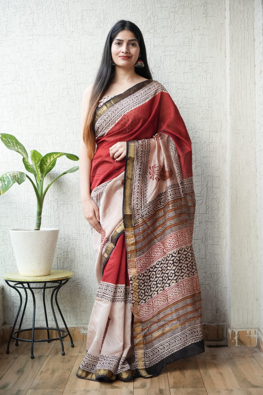New Designer Hand Block Print Maheshwari Silk Saree (BFMSARE80)