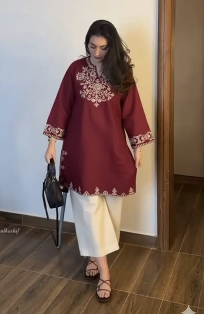 Maroon Cotton Embroidered Co-ord Set | Kurti & Palazzo