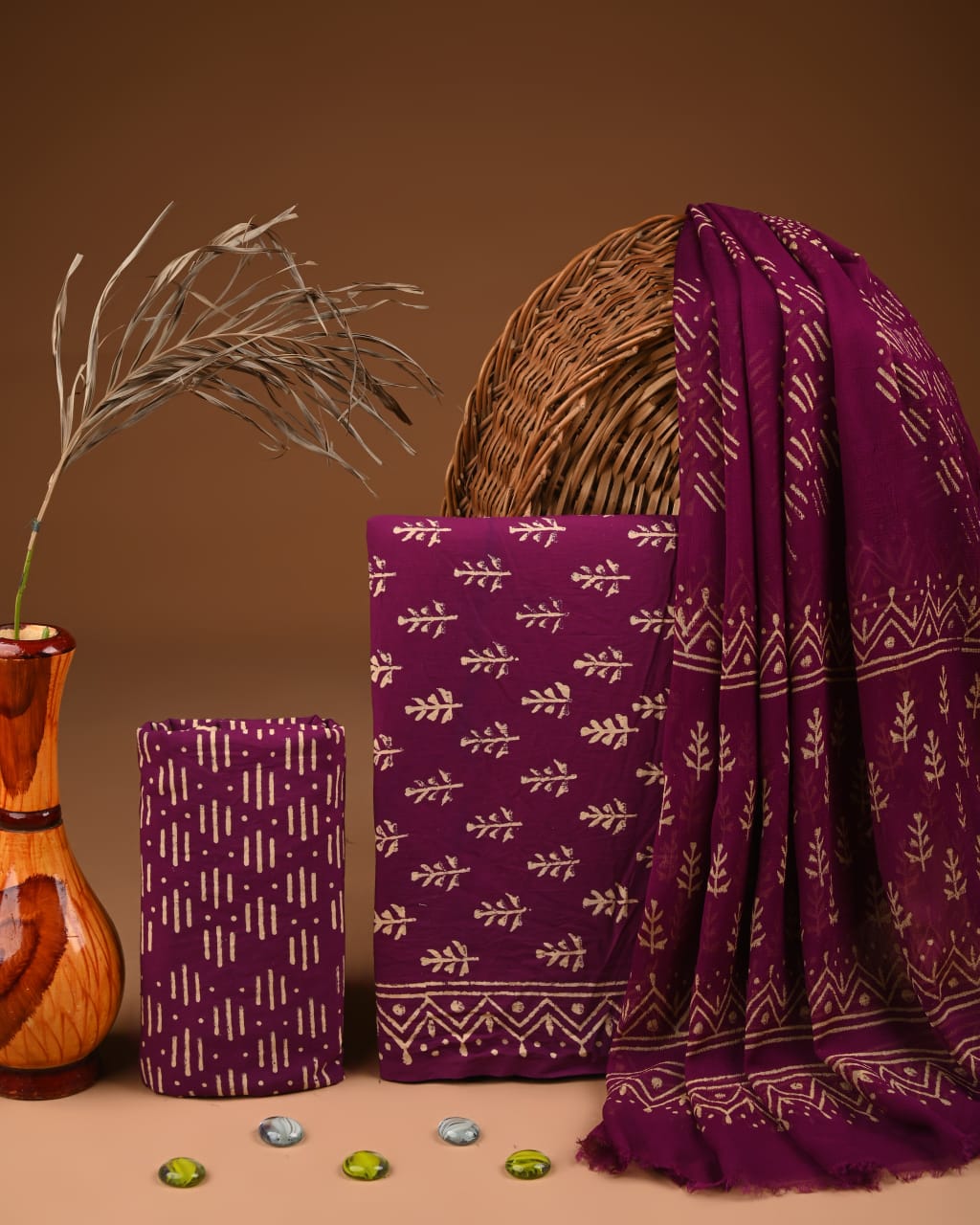 Premium  Hand Block Cotton Suit With Chiffon Dupatta