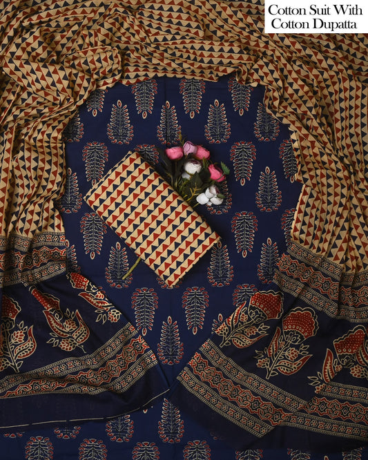 Exclusive Hand Block Cotton Suit With Cotton Dupatta(BFCOT147)