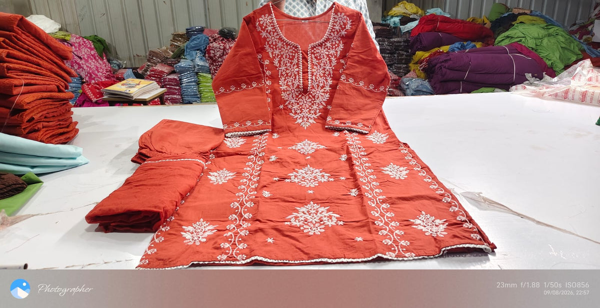 Rust Orange Chikankari Embroidered Cotton Suit Set for Women