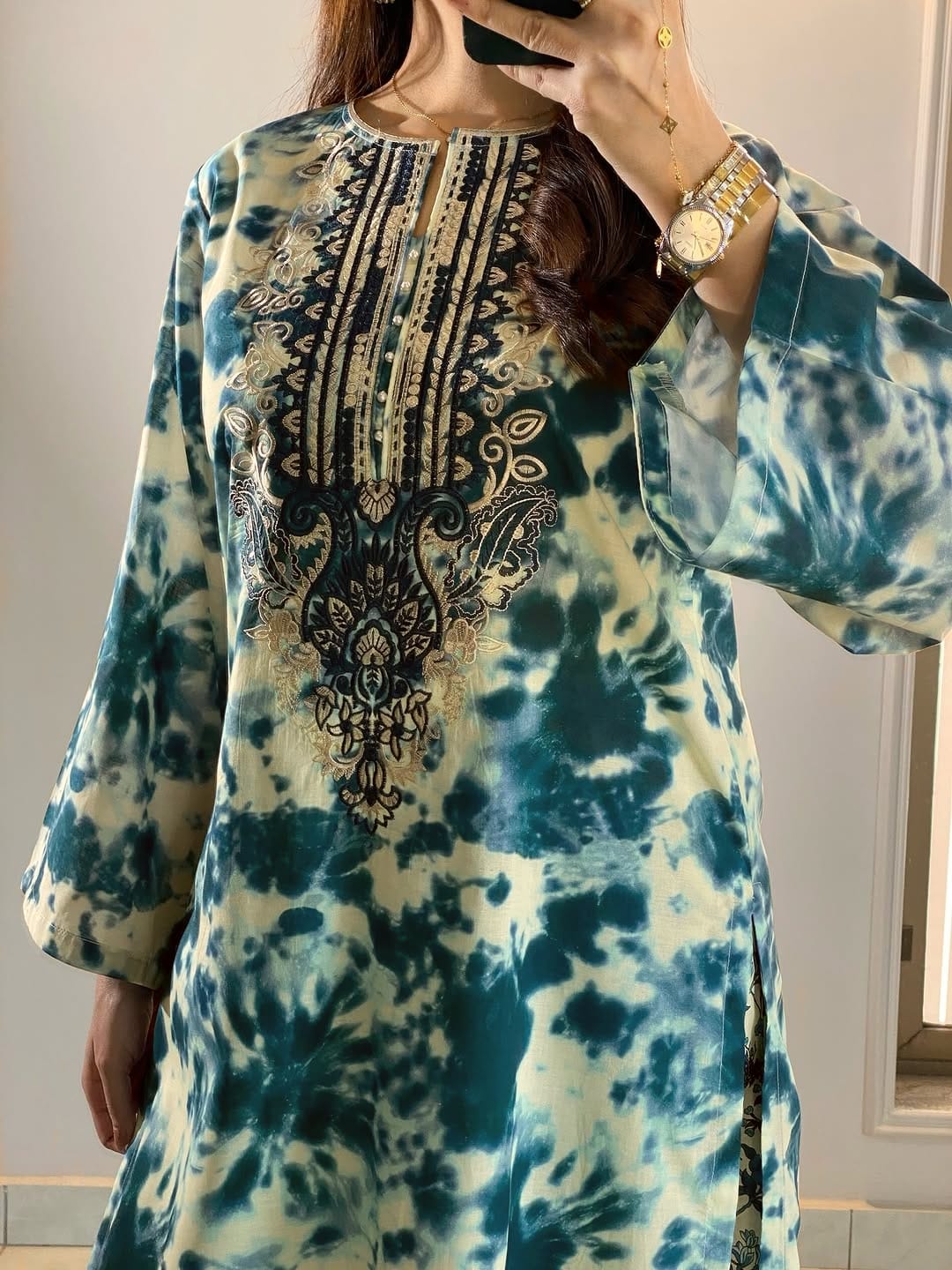 Blue Tie & Dye Pure Cotton Kurti Pant Set with Embroidery