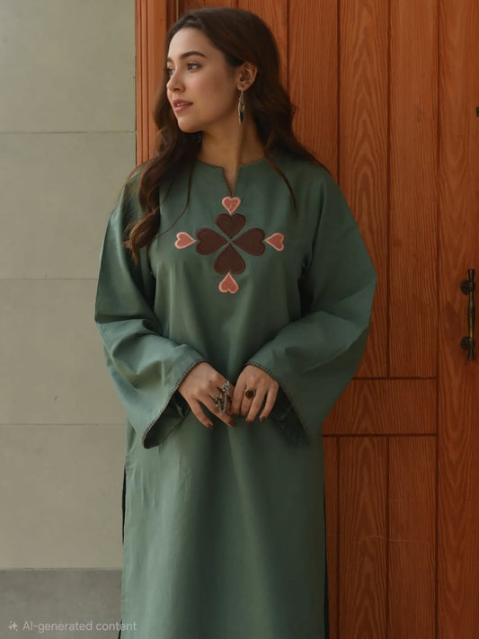 Olive Green Cotton Kurti Pant Set with Heart Embroidery for Women