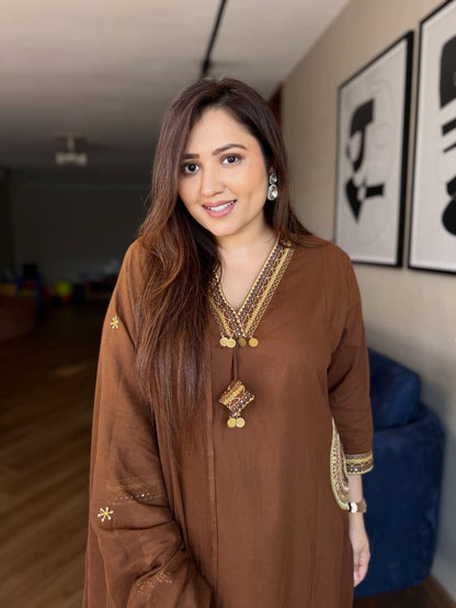 Brown Cotton Kurti Pant Dupatta Set with Embroidery for Women