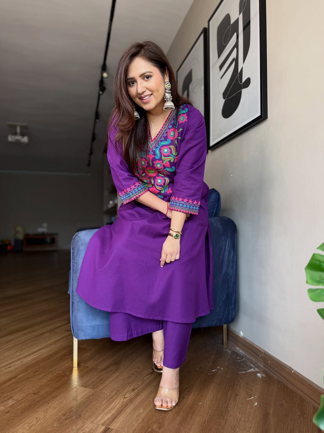 Purple Cotton Slub Kurta Palazzo Set for Women | A-Line Aari Work Embroidered Kurti with Pockets
