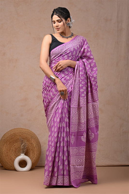Purple Hand Block Printed Cotton Saree with Blouse (BFCS83)