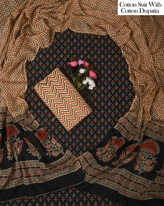 Exclusive Hand Block Cotton Suit With Cotton Dupatta(BFCOT197)