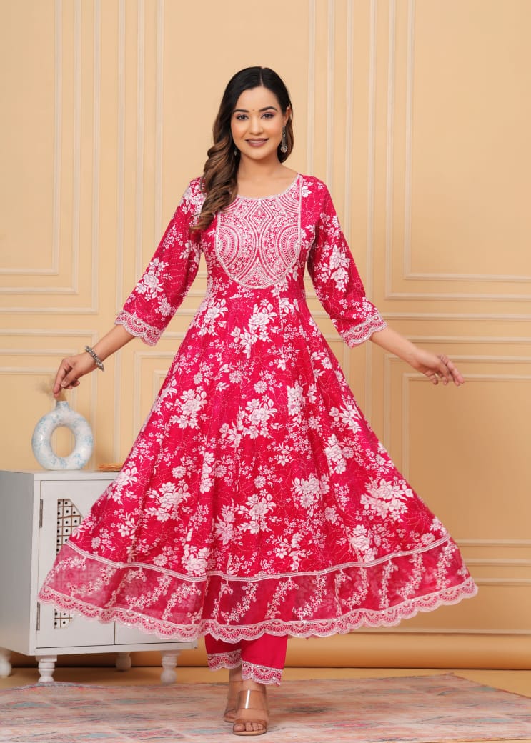 Beautiful ANARKALI KURTA with heavy  embroidery  work  on yoke along with pants with duppata
