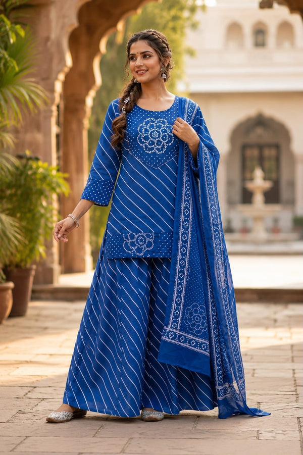 Royal Blue Lahriya Bandhej Cotton Kurti Palazzo Set
