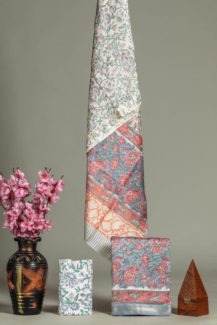 Premium Hand Block Printed Maheshwari Silk Suit(BFMAH56)