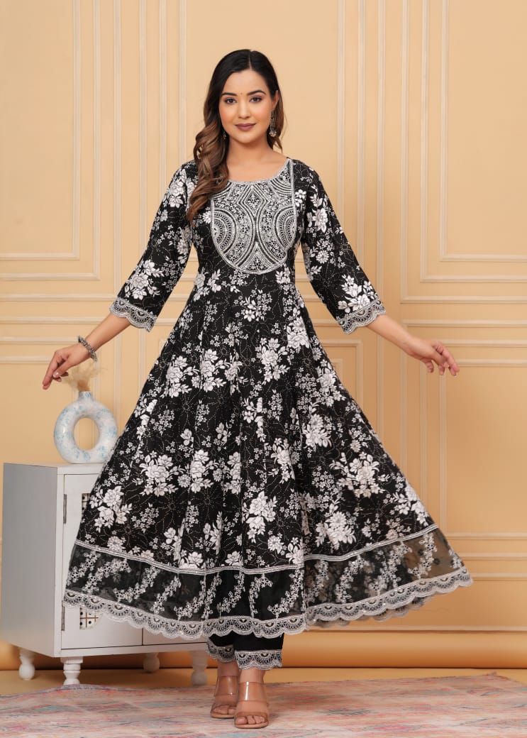 Beautiful ANARKALI KURTA with heavy  embroidery  work  on yoke along with pants with duppata