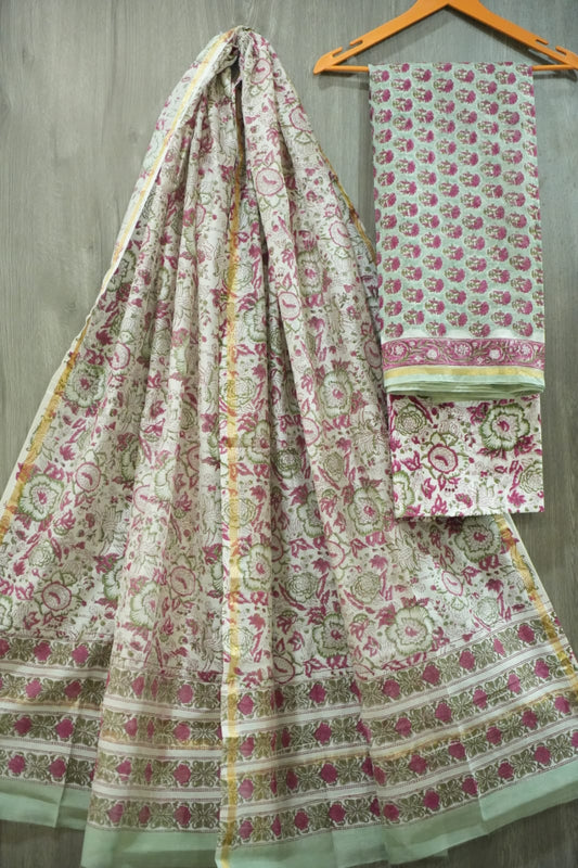 Mint Green & Magenta Floral Jaal Hand Block Print Chanderi Silk Dress Material  (BFCHS50)