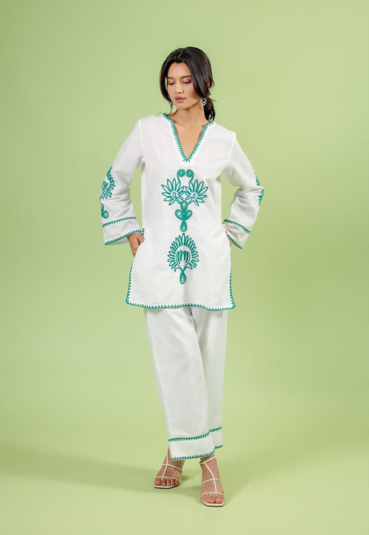 White Pure Cotton Aari Work Co-ord Set | Green Embroidered Kurti with Pant