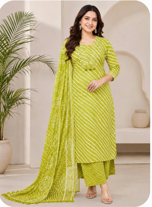 Mehendi Green Lehariya Print Pure Cotton Suit Set | Kurti