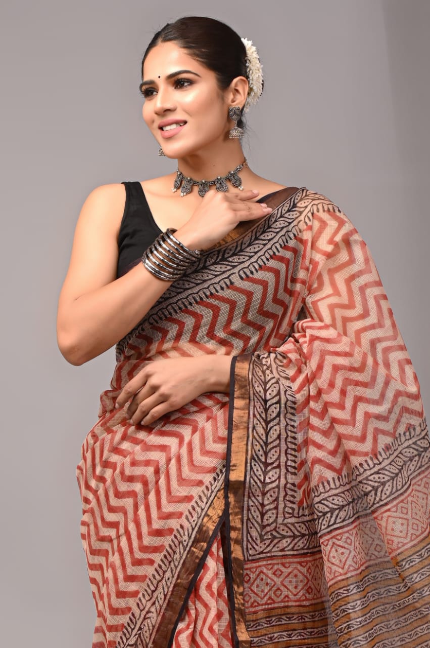 Red & Beige Printed kota doriya saree(BFKS19)