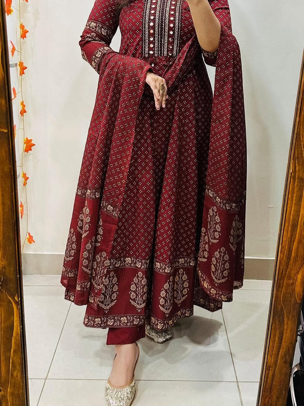 Maroon Heavy Cotton Anarkali Kurti Set | Hand Block Print | Mirror Neck Work