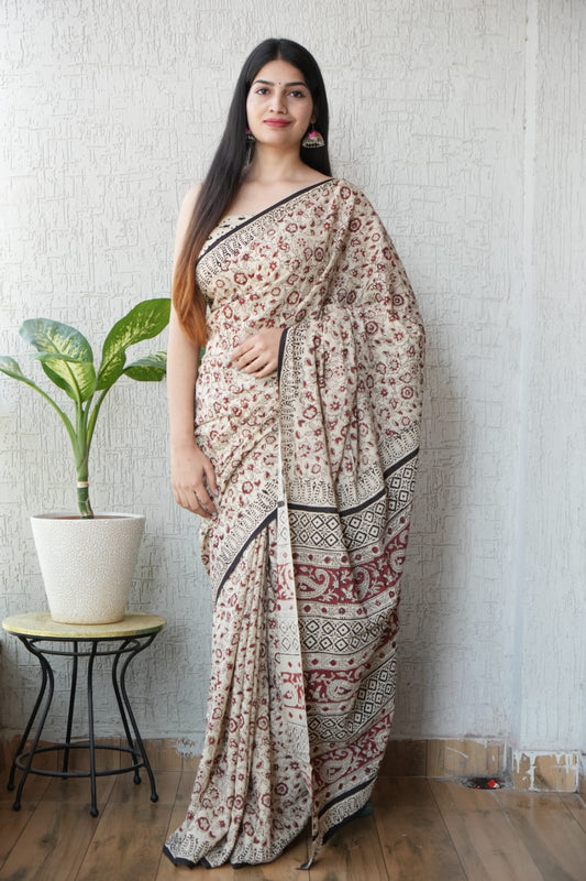 Cream Hand Block Printed Cotton Saree with Blouse  (BFCS59)