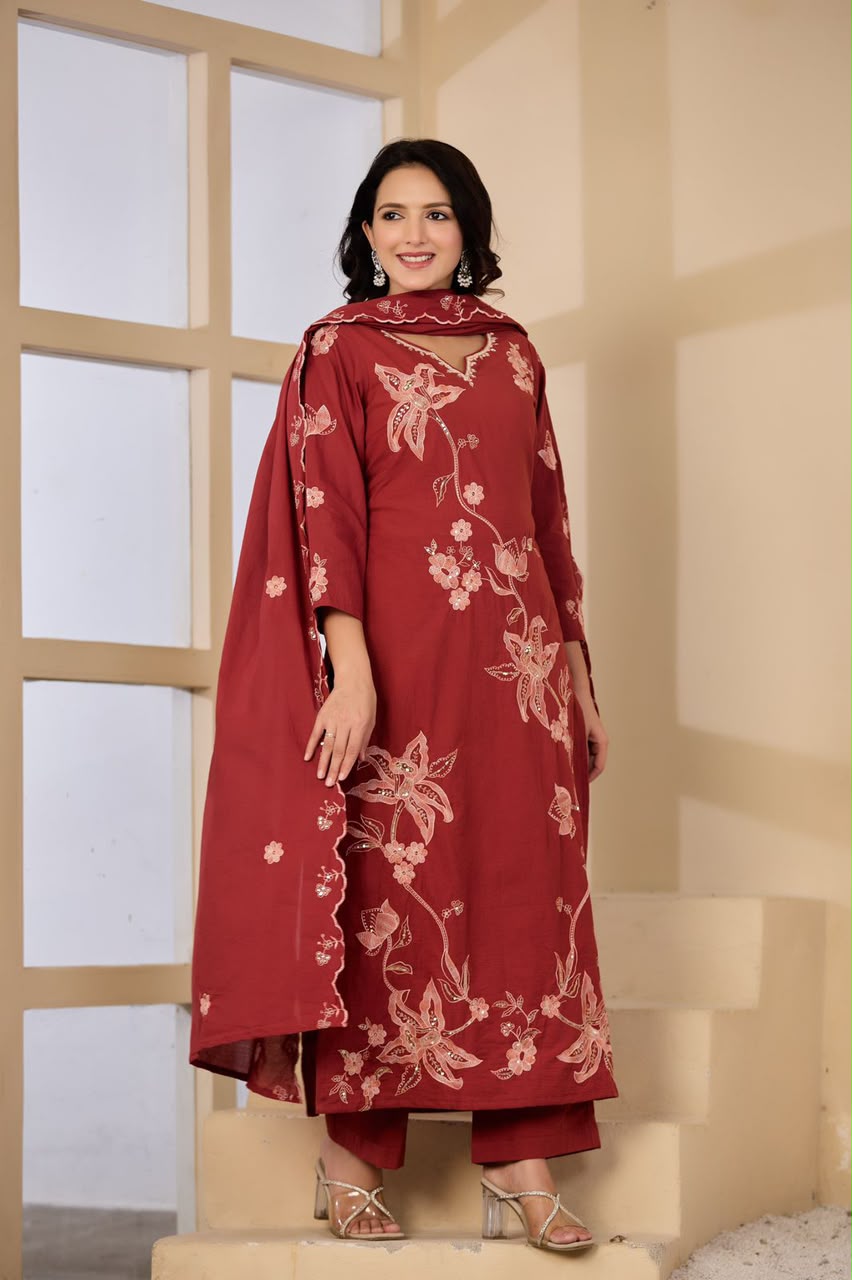 Maroon Embroidered Cotton Kurta Set with Keyhole Neck & Dupatta | Ethnic Wear