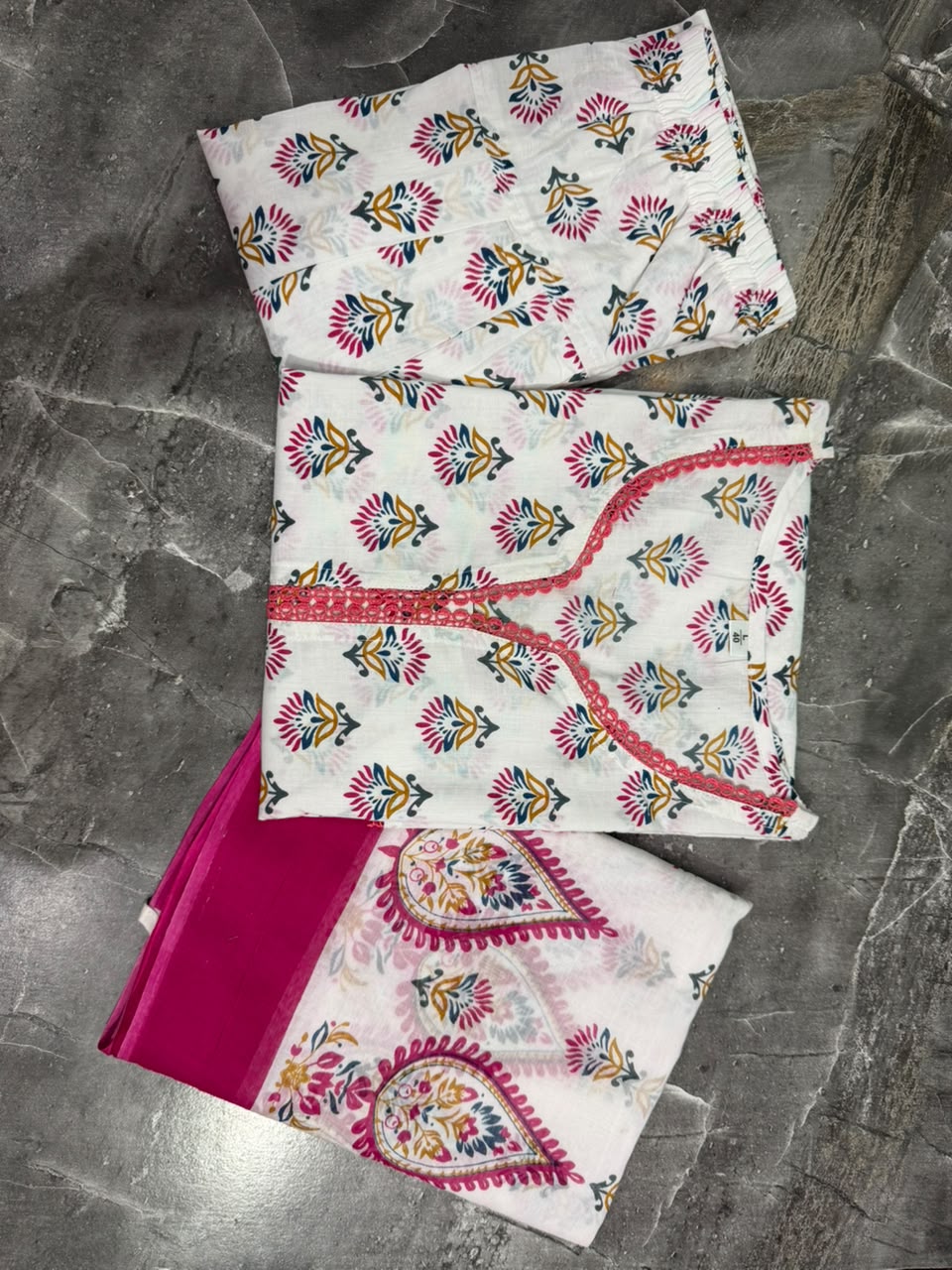 Off-White Floral Printed Farsi Cotton Suit for Women | Kurti with Farsi Pant & Contrast Pink Border Dupatta