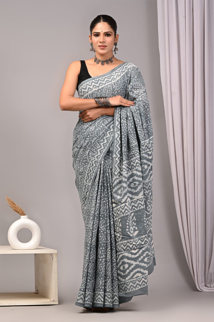 Traditional Authentic Hand Block Printed Pure Organic Cotton Sarees With matching Blouse