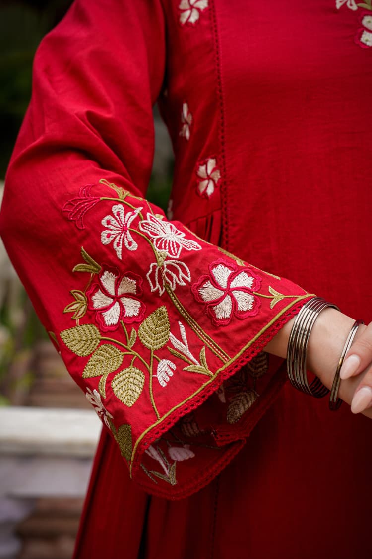 Red Anarkali Embroidered Kurta Pant Dupatta Set