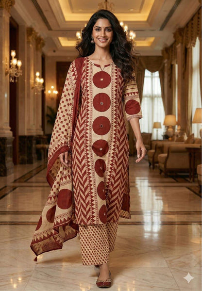 Maroon Beige Ajrakh Cotton Kurti Pant Dupatta Set for Women