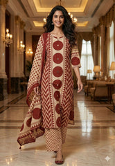 New In Ajrakh Cotton Suit Set

Crafted in 100% pure cotton, this timeless suit features Ajrakh handblock print all over with a subtle mirror work touch-up on the kurta, paired with soft cotton pants and a matching Ajrakh