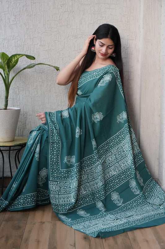 Bottle Green Printed Cotton Saree – Soft Cotton Saree for Women  (BFCS43)