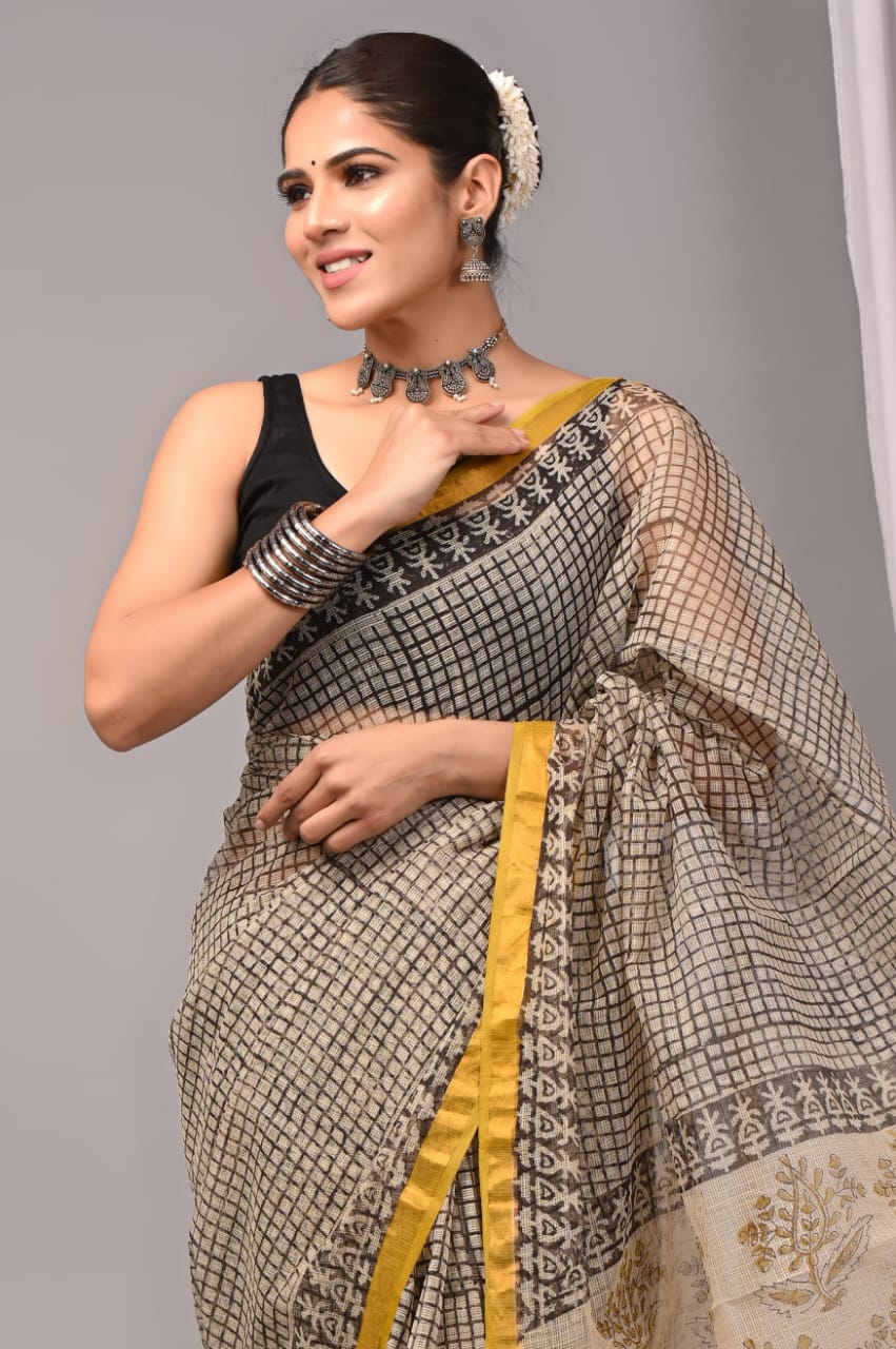 Beige & Yellow kota doriya saree (BFKS38)
