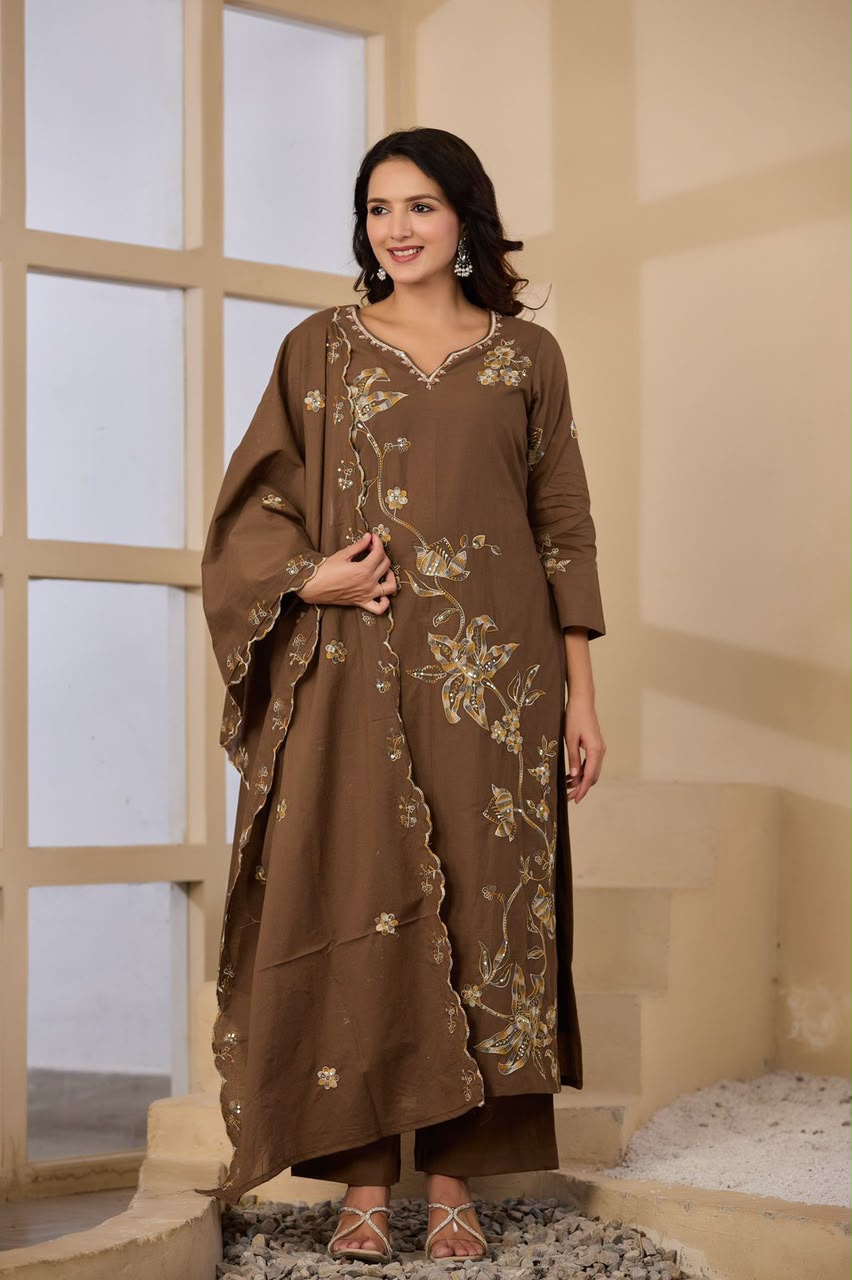 Coffee Brown Embroidered Cotton Kurta Set with Dupatta | Kitty Party Wear