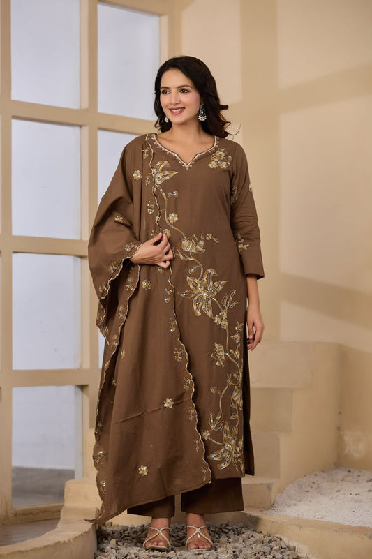 Coffee Brown Embroidered Cotton Kurta Set with Dupatta | Kitty Party Wear
