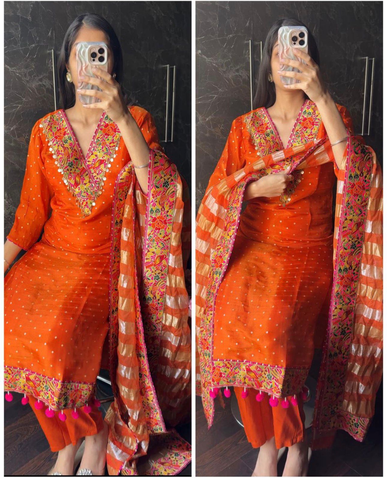 Orange Chanderi Jacquard Embroidered Kurta Set with Dupatta