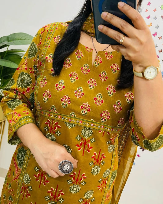 Mustard Yellow Cotton Kurti Pant Dupatta Set