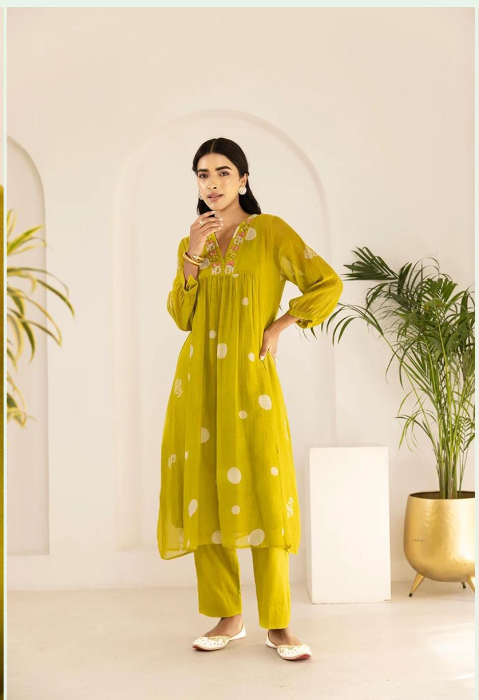 Mustard Yellow Mul Cotton Polka Dot Kurta Set | Festive 3Pc Suit with Bead Embroidery