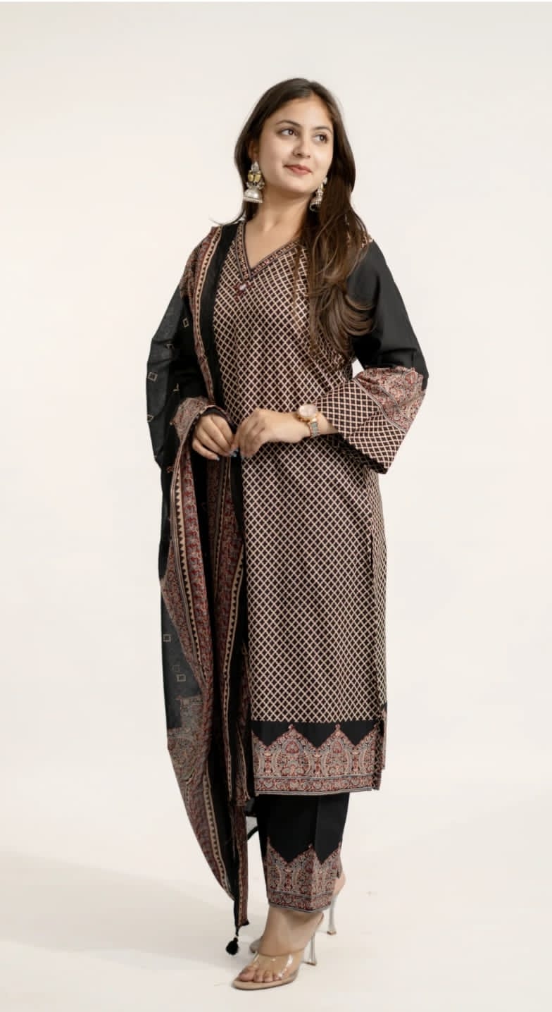 Black Heavy Cotton Printed Kurti Pant Dupatta Set