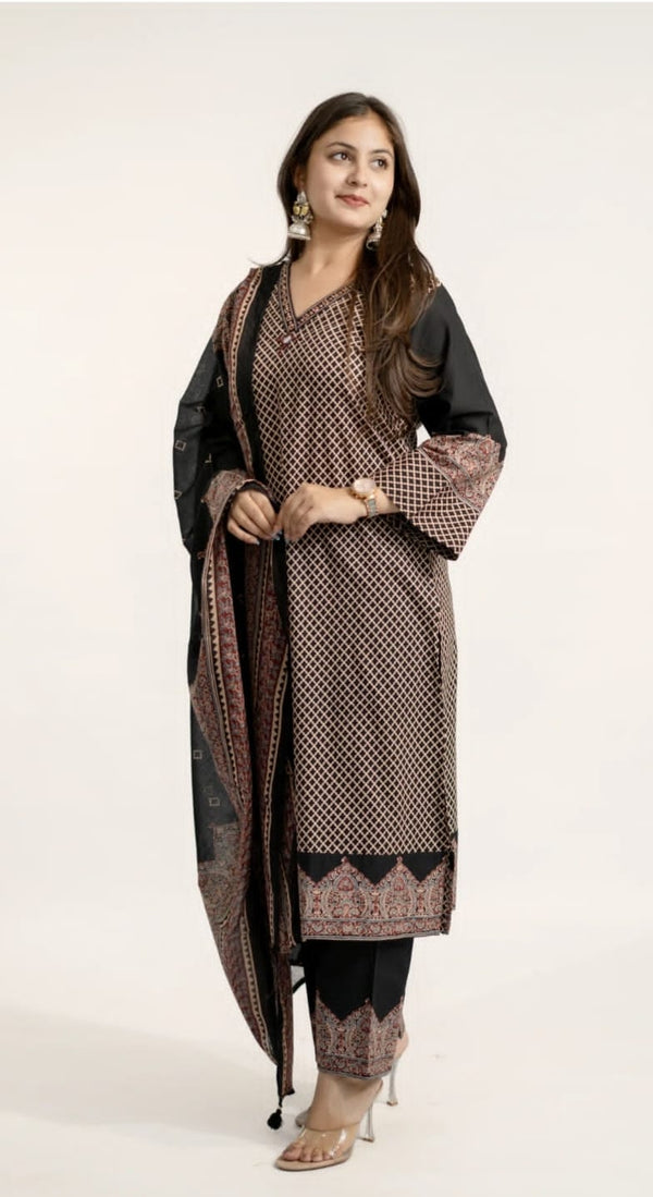 Black Heavy Cotton Printed Kurti Pant Dupatta Set