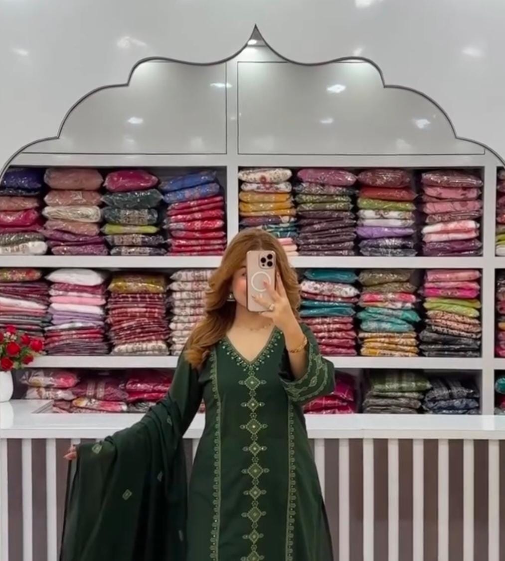 Bottle Green Chikankari Embroidered Cotton Suit Set for Women