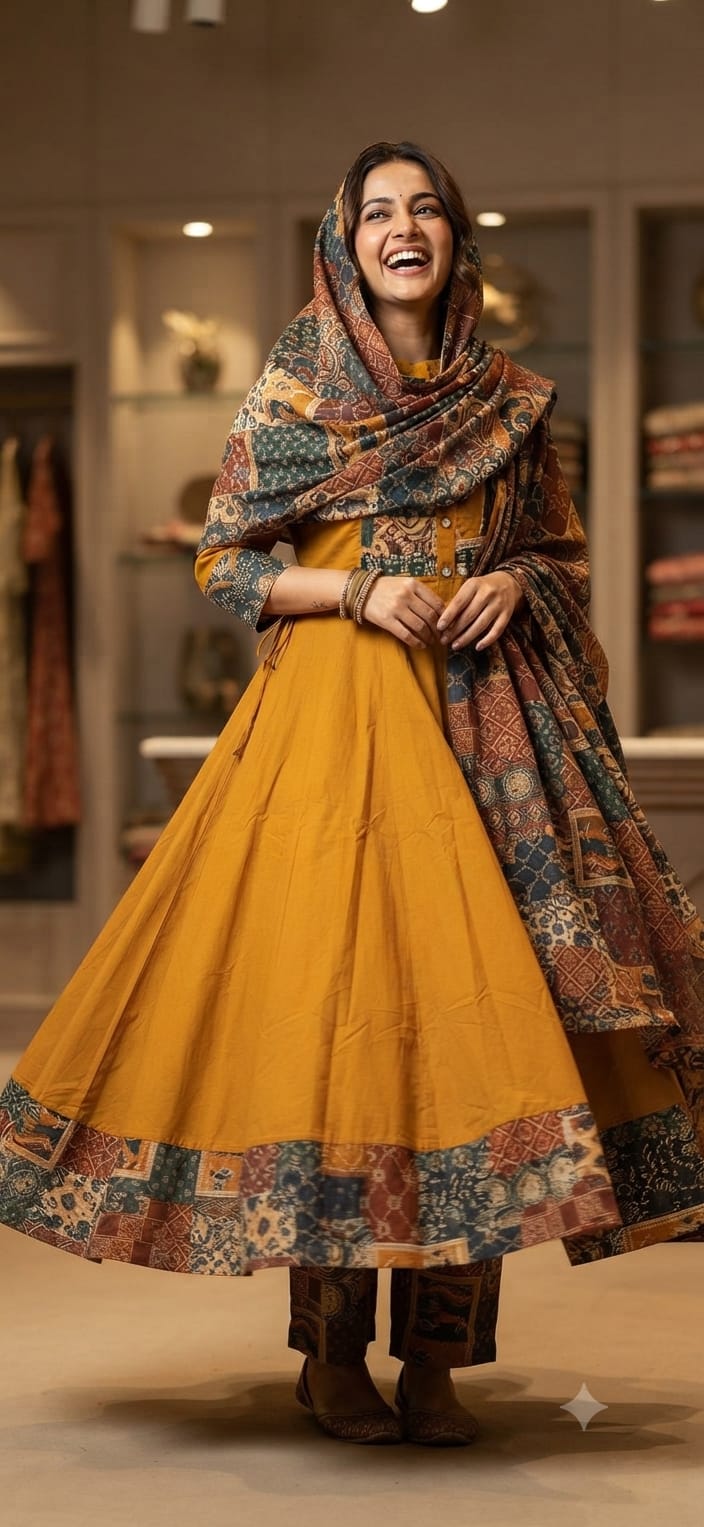 Mustard Yellow Premium Cotton Anarkali Suit for Women