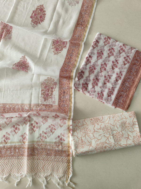 Dusty Rose & Peach Floral Block Print Kota Doriya Suit (BFFKO93)