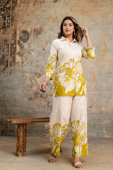 *Classy Cotton Floral Printed Cord Set Openable Top With Printed Palazo With One Side Pocket*