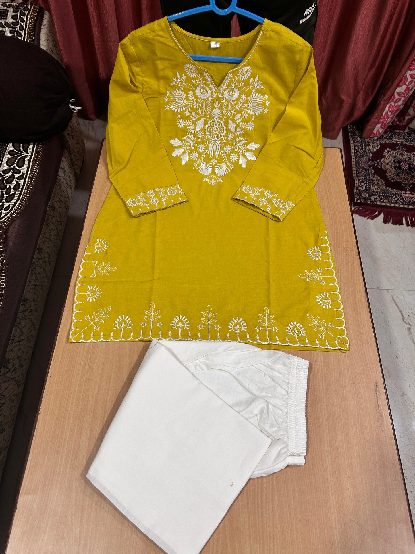Yellow Cotton Embroidered Co-ord Set | Kurti & Palazzo