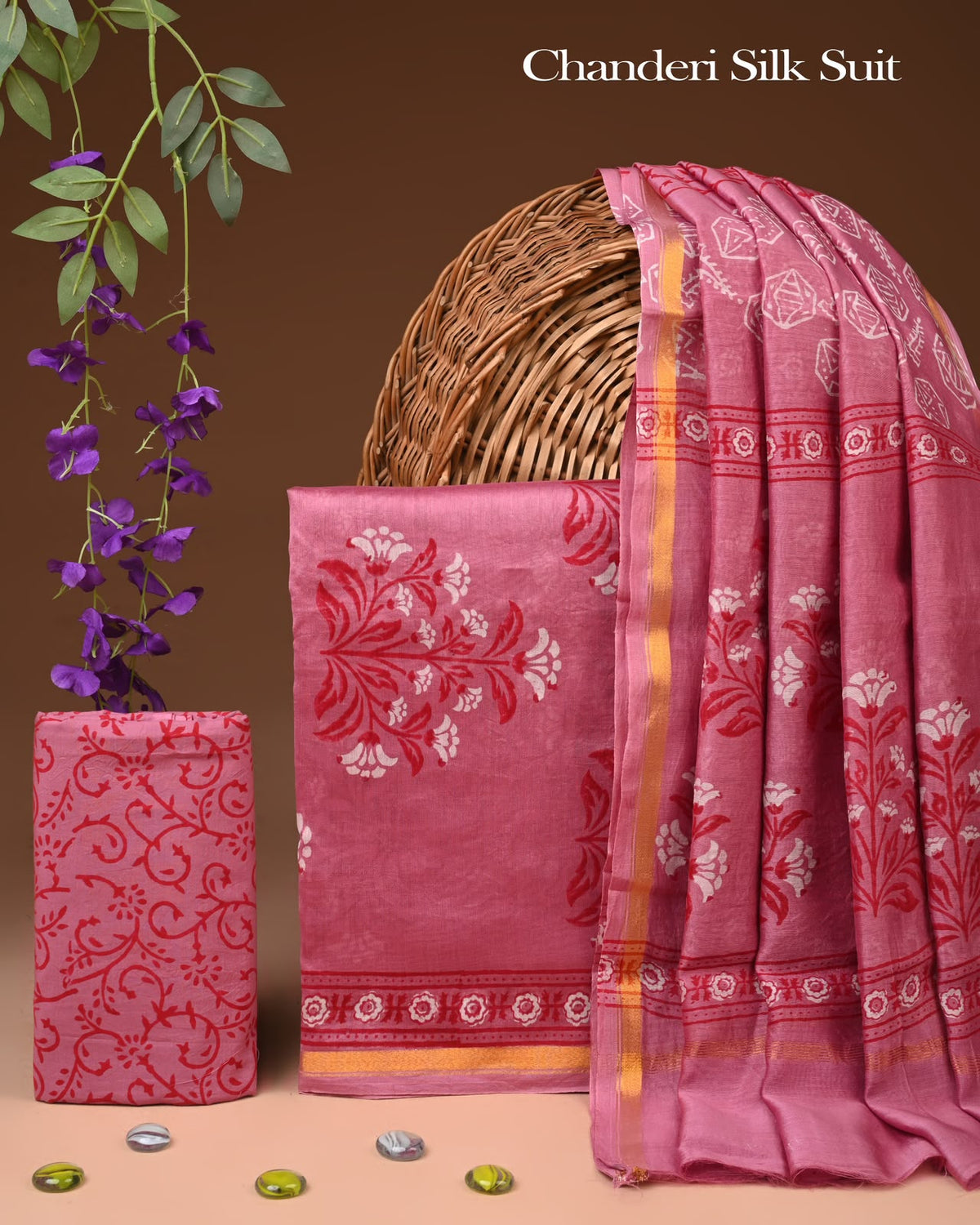 EXCLUSIVE HAND BLOCK CHANDERI SILK SUIT SET WITH CHANDERI DUPATTA