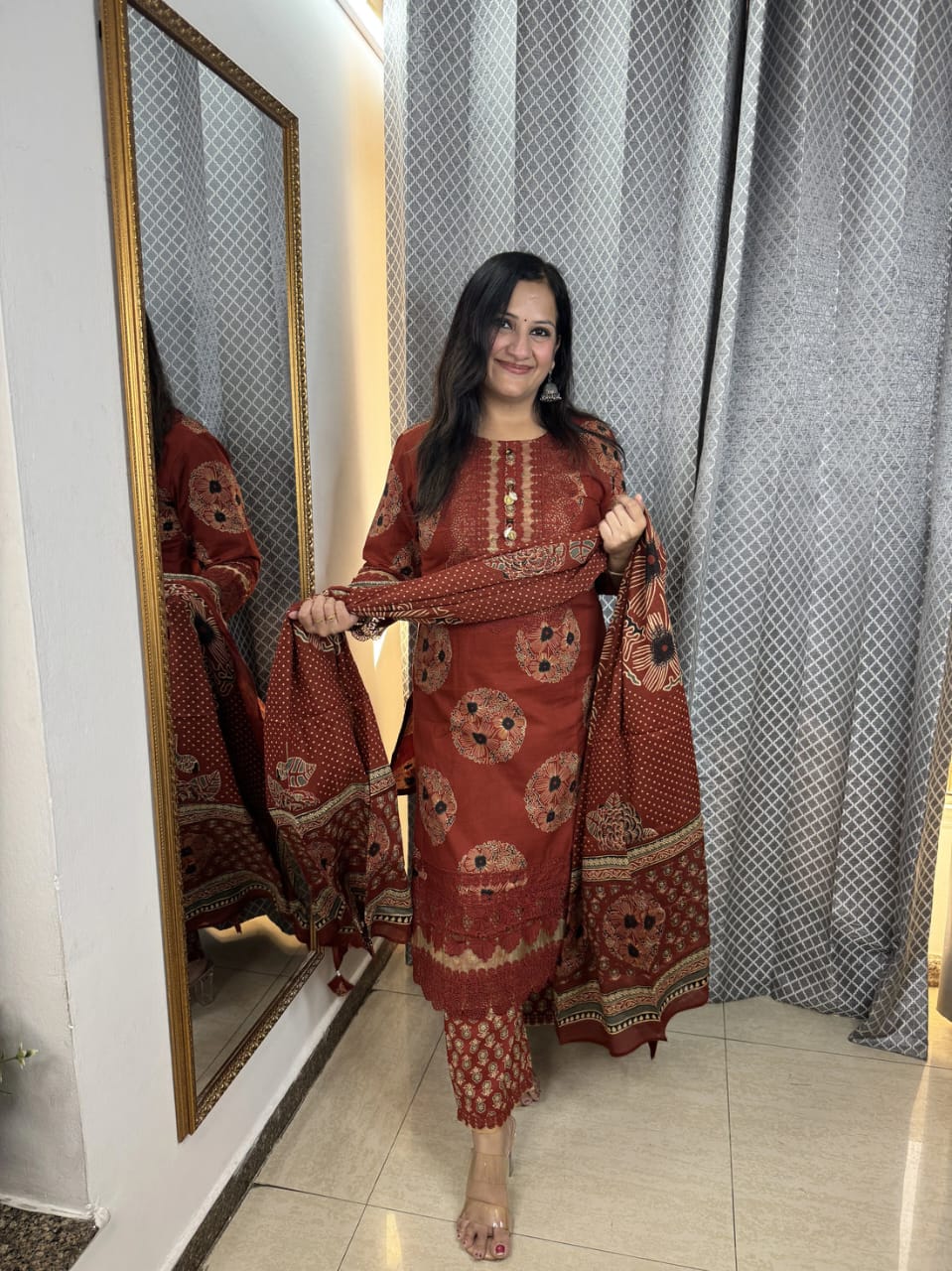 Rust Red Floral Digital Print Cotton Suit Set for Women