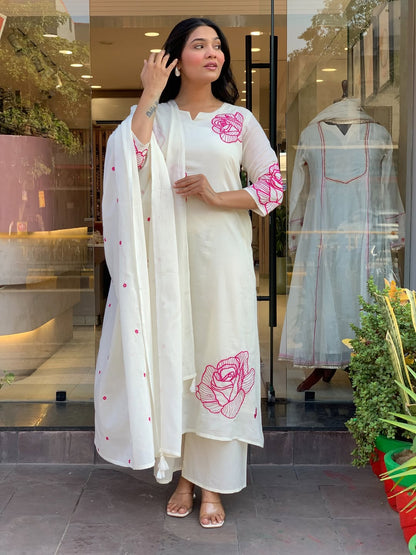 Pure Cotton White Embroidered Kurta Pant Dupatta Set for Women
